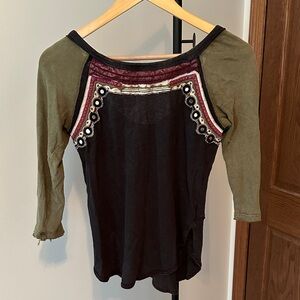 Free People Black and Olive Embroidered Long Sleeve Top, size small